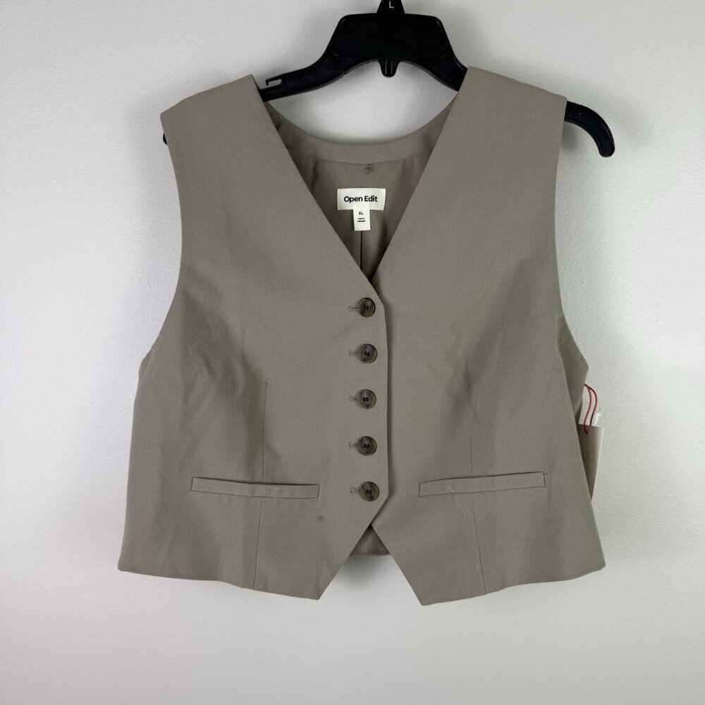 Open Edit XL Gray Tailored Vest Button Front Pocket Career Minimal Chic Layer
